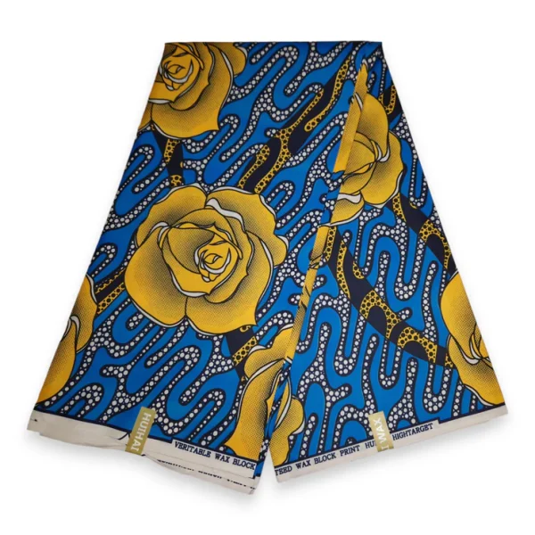 African print fabric – Blue Yellow Rose – Polycotton